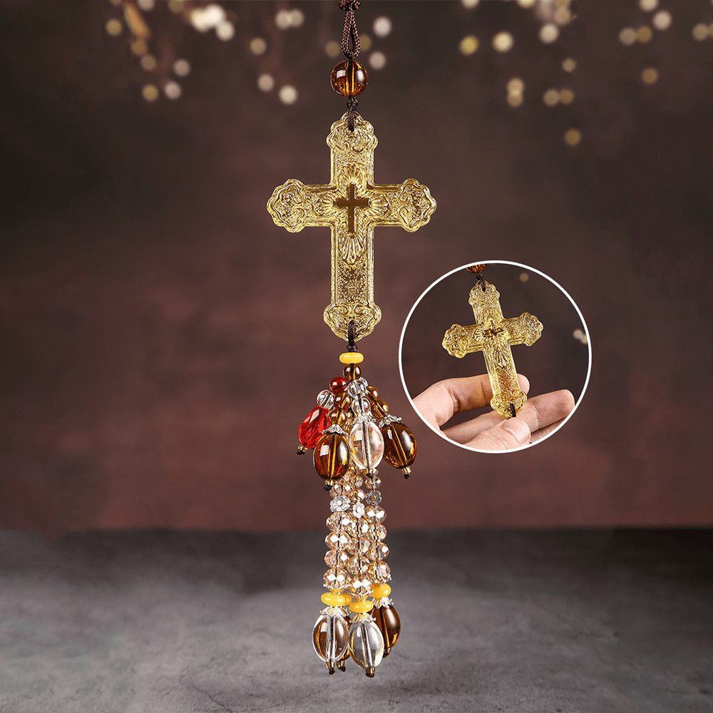 Christianartworkshop Modern Style Car Pendant Crafted Crucifix Crystal Tassels Car Hanging Ornaments