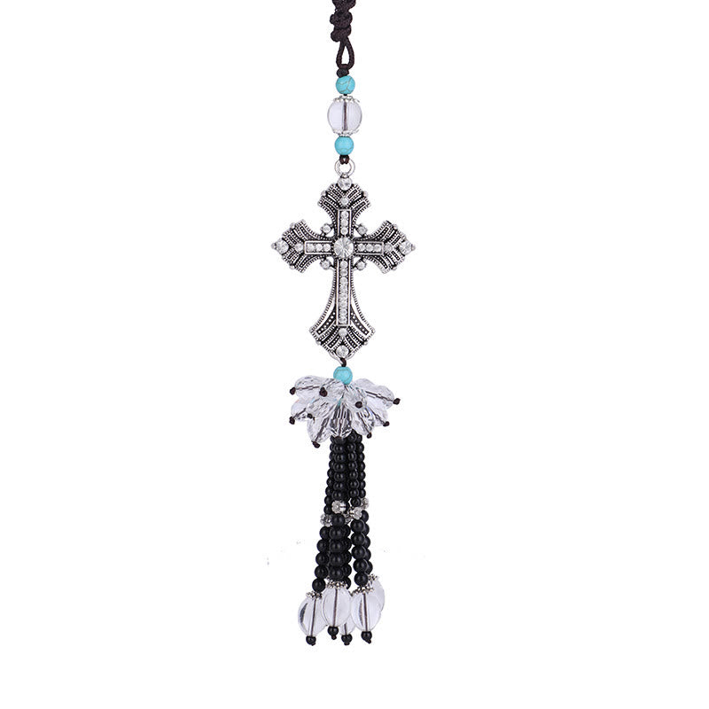 Christianartworkshop Modern Style Alloy Cross Tassels Car Rearview Mirror Hanging Ornament