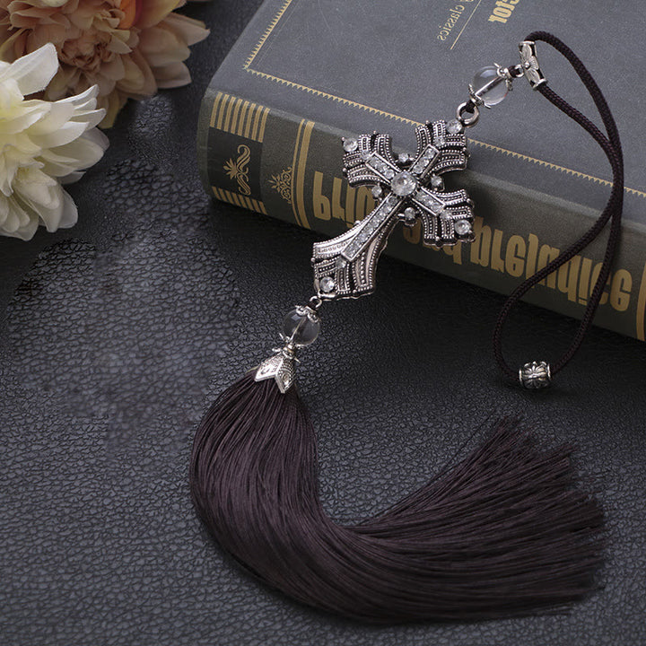 Christian Art Modern Style Alloy Cross Tassels Car Rearview Mirror Hanging Ornament