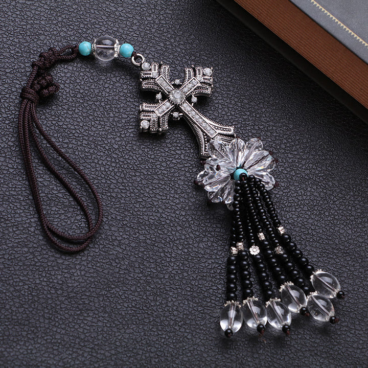 Christian Art Modern Style Alloy Cross Tassels Car Rearview Mirror Hanging Ornament