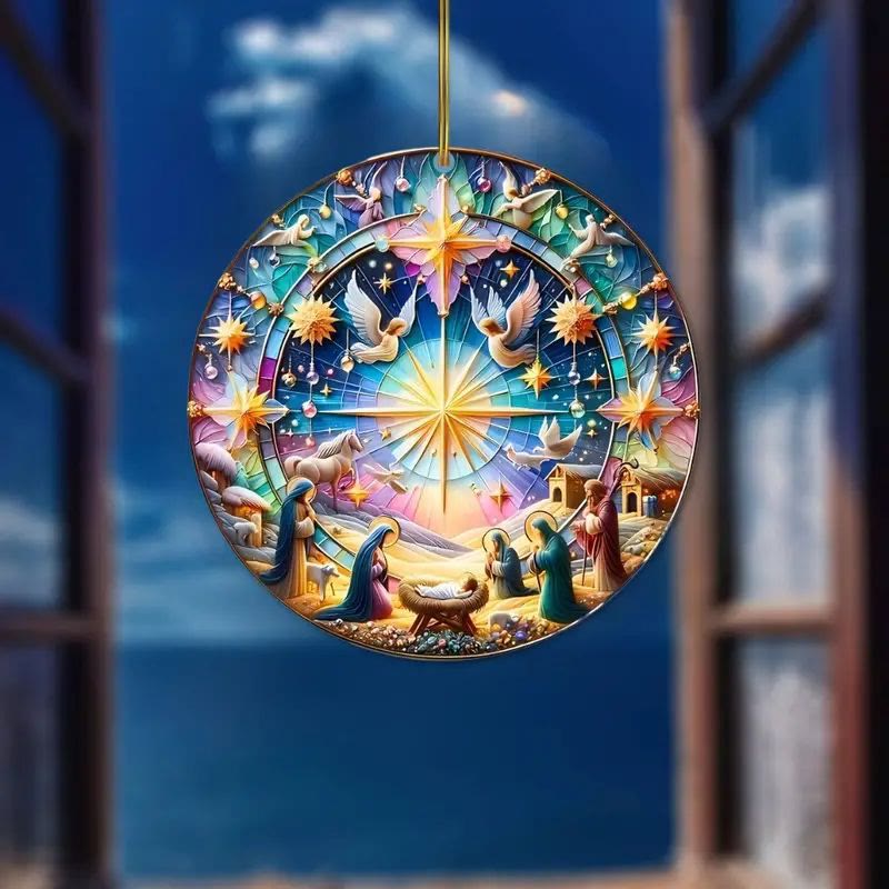 Christianartworkshop Stained Glass Styles Colorful Nativity Hanging Ornaments C - Ceramics - image 0