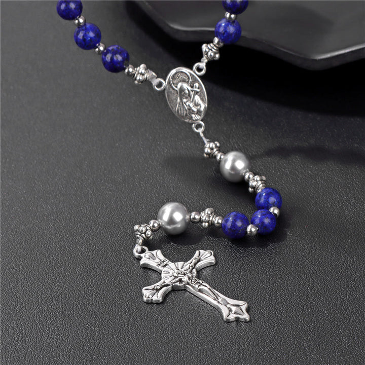 Christian Art Natural Stone & Pearl Miraculous Medal Prayer Rosary