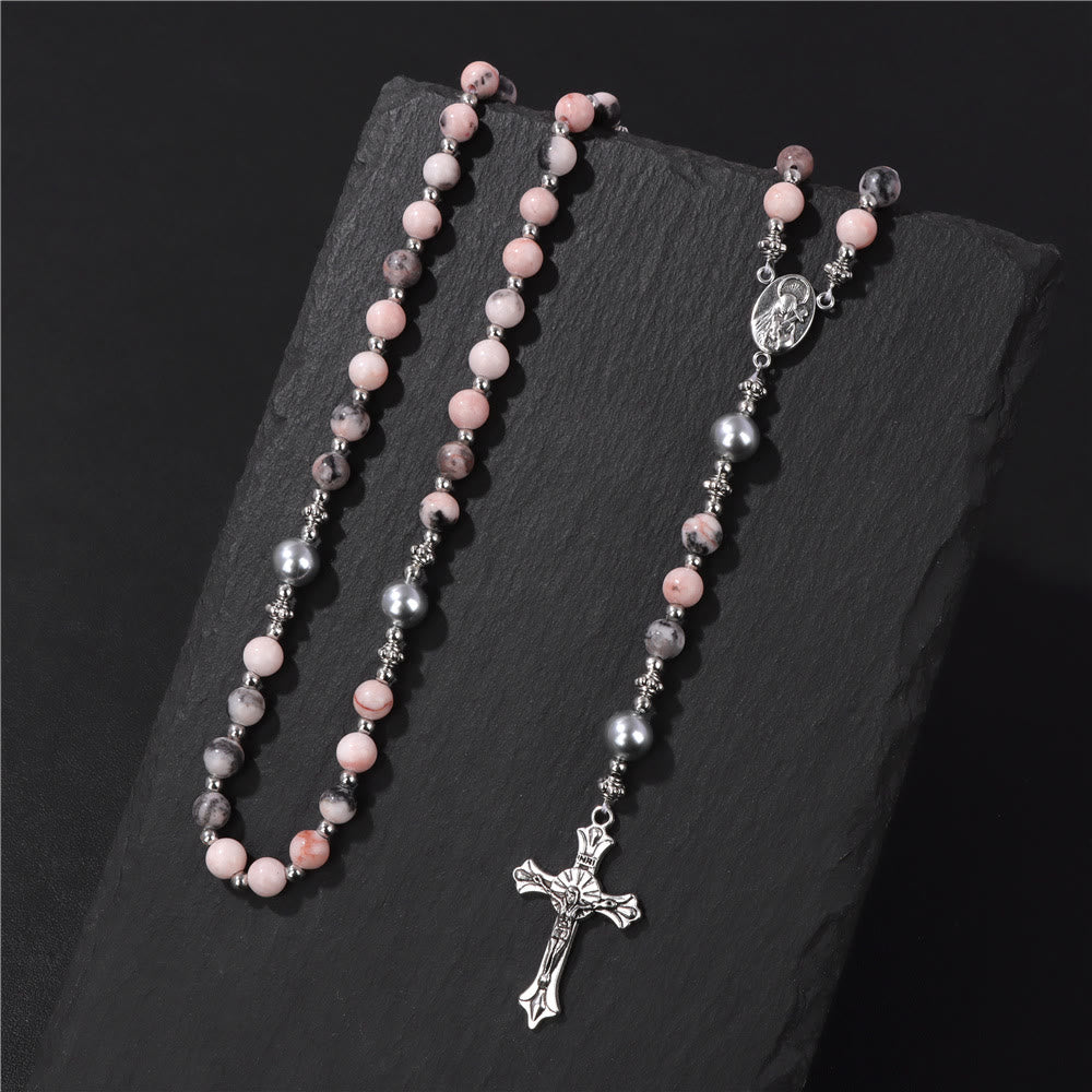 Christian Art Natural Stone & Pearl Miraculous Medal Prayer Rosary