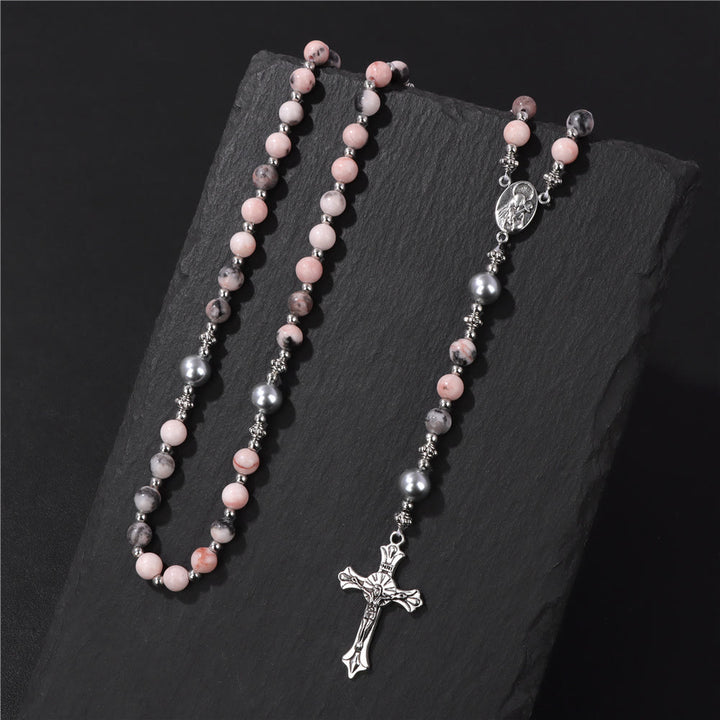 Christianartworkshop Natural Stone & Pearl Miraculous Medal Prayer Rosary