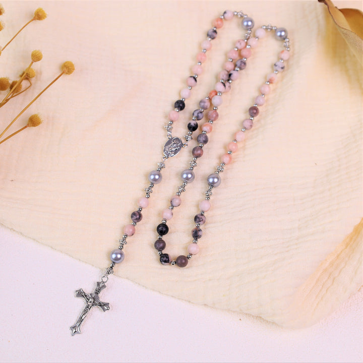 Christian Art Natural Stone & Pearl Miraculous Medal Prayer Rosary