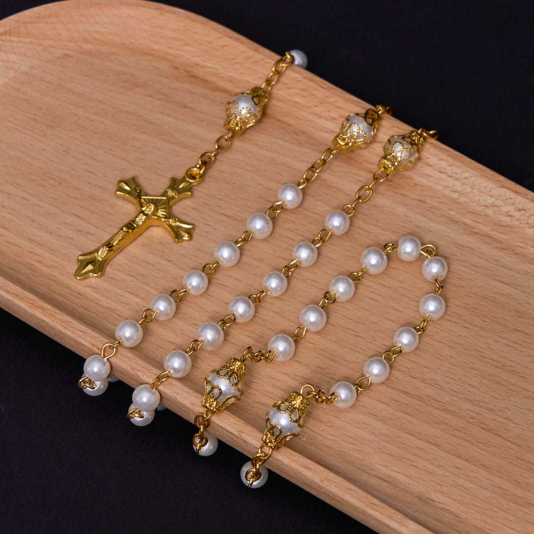 ChristianartworkshopSt. Benedict Medal & Crucifix of 6 mm Round White Pearl Alloy Chain Rosary