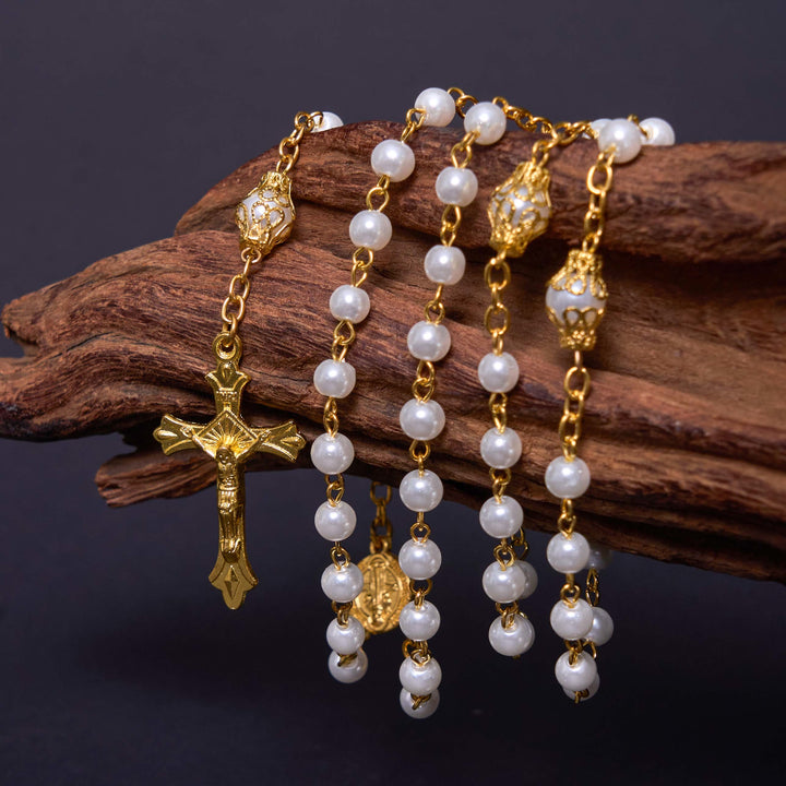 ChristianartworkshopSt. Benedict Medal & Crucifix of 6 mm Round White Pearl Alloy Chain Rosary - 🔥3 PCS - image 0