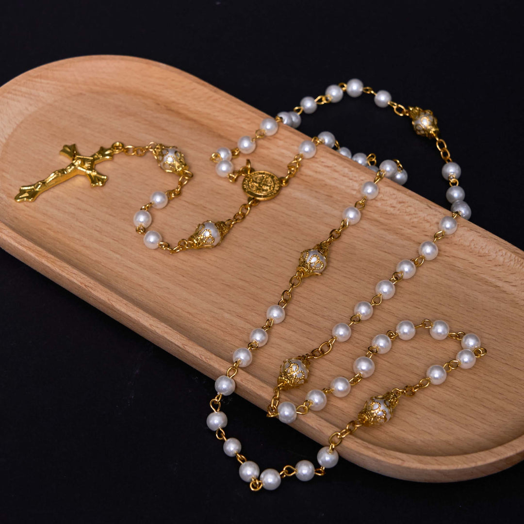 ChristianartworkshopSt. Benedict Medal & Crucifix of 6 mm Round White Pearl Alloy Chain Rosary - image 3