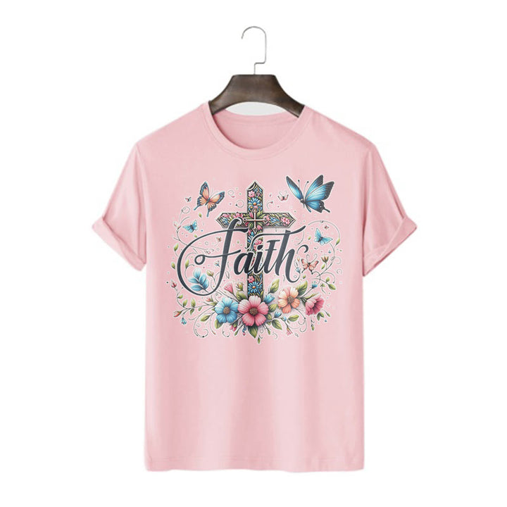 Christianartworkshop Bohemian Style Flowers and Cross Short Sleeve T-shirt - Pink - 2XL - image 0