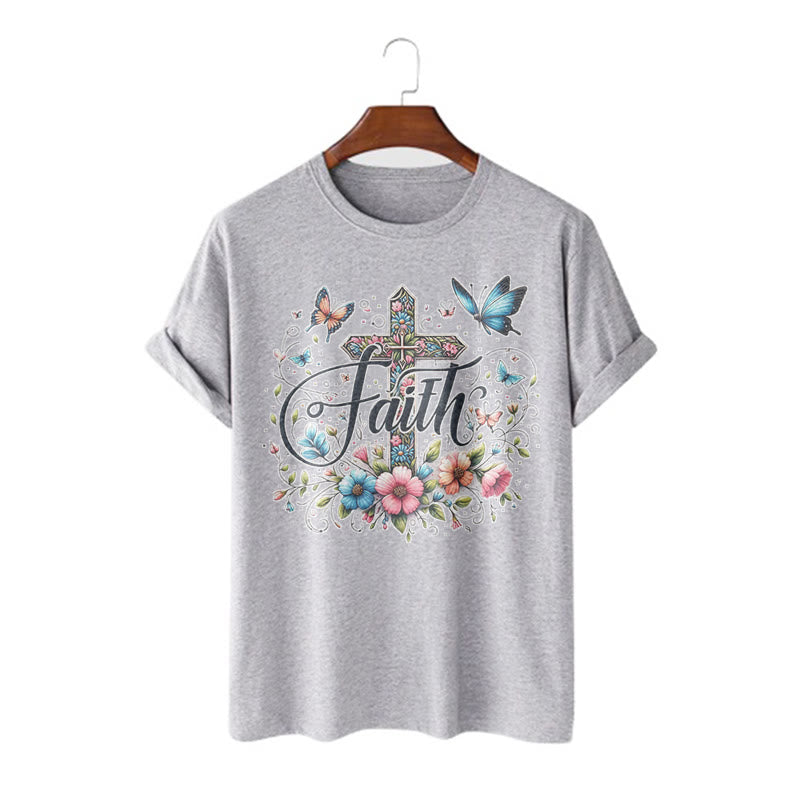 Christianartworkshop Bohemian Style Flowers and Cross Short Sleeve Washed T-shirt