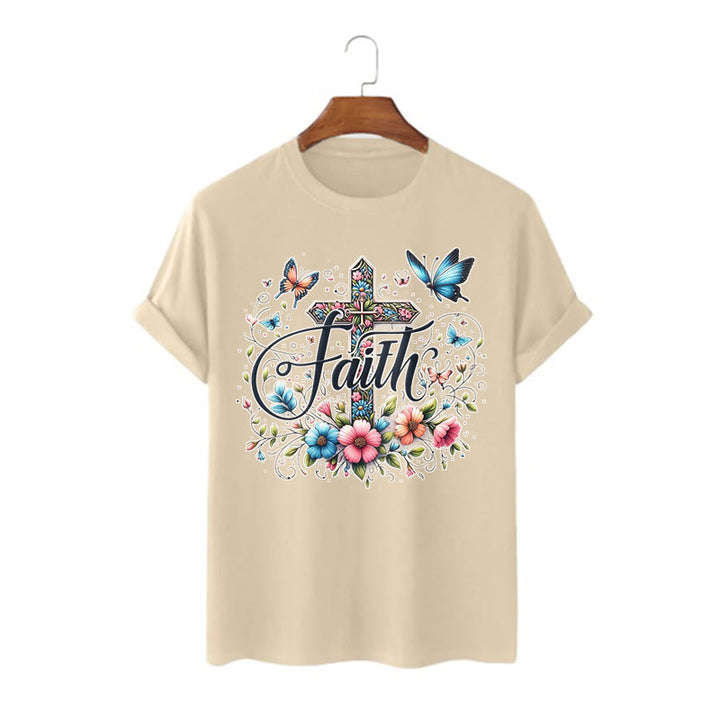 Christianartworkshop Bohemian Style Flowers and Cross Short Sleeve Washed T-shirt