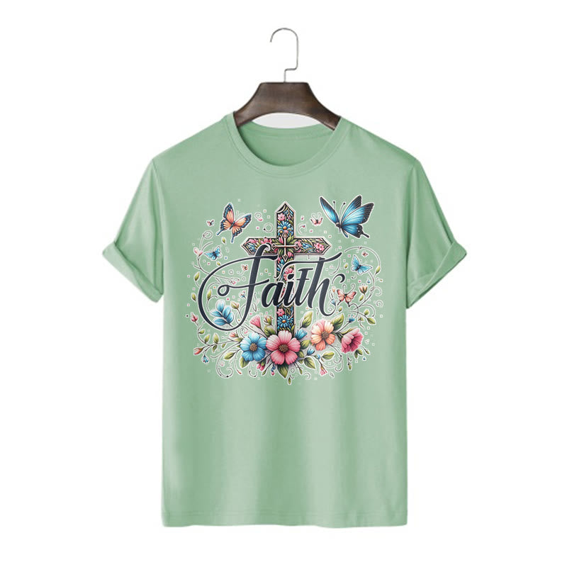 Christianartworkshop Bohemian Style Flowers and Cross Short Sleeve Washed T-shirt