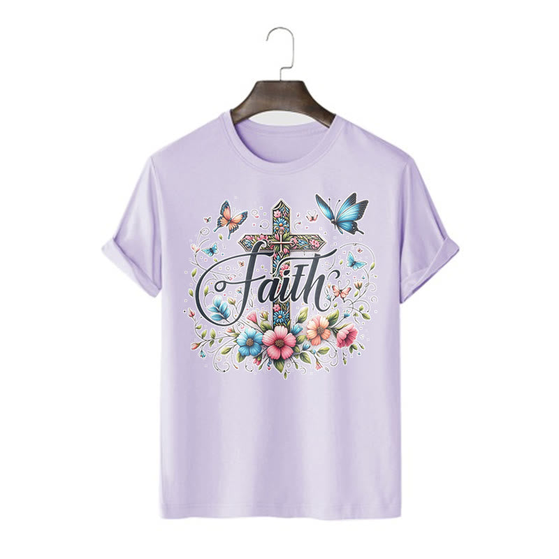 Christianartworkshop Bohemian Style Flowers and Cross Short Sleeve T-shirt - Purple - 2XL - image 15