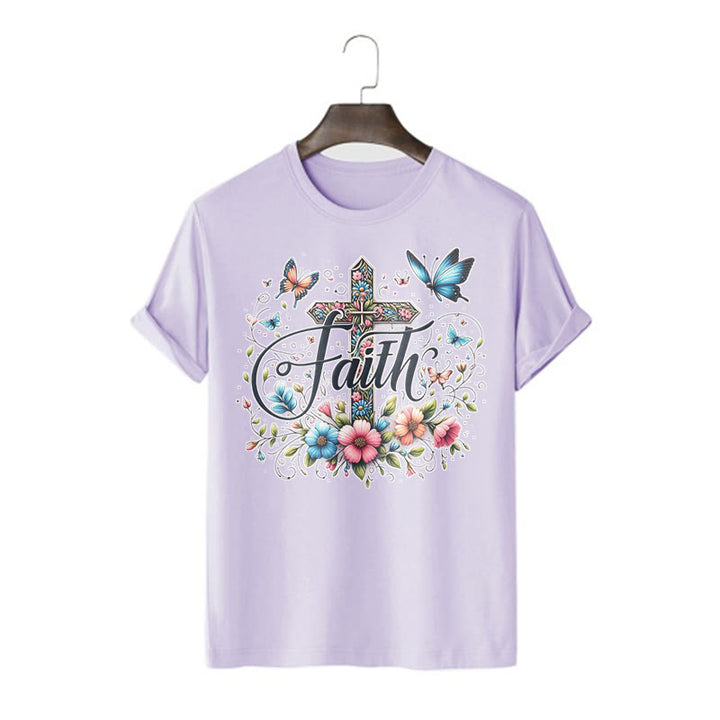 Christianartworkshop Bohemian Style Flowers and Cross Short Sleeve T-shirt - Purple - 2XL - image 15