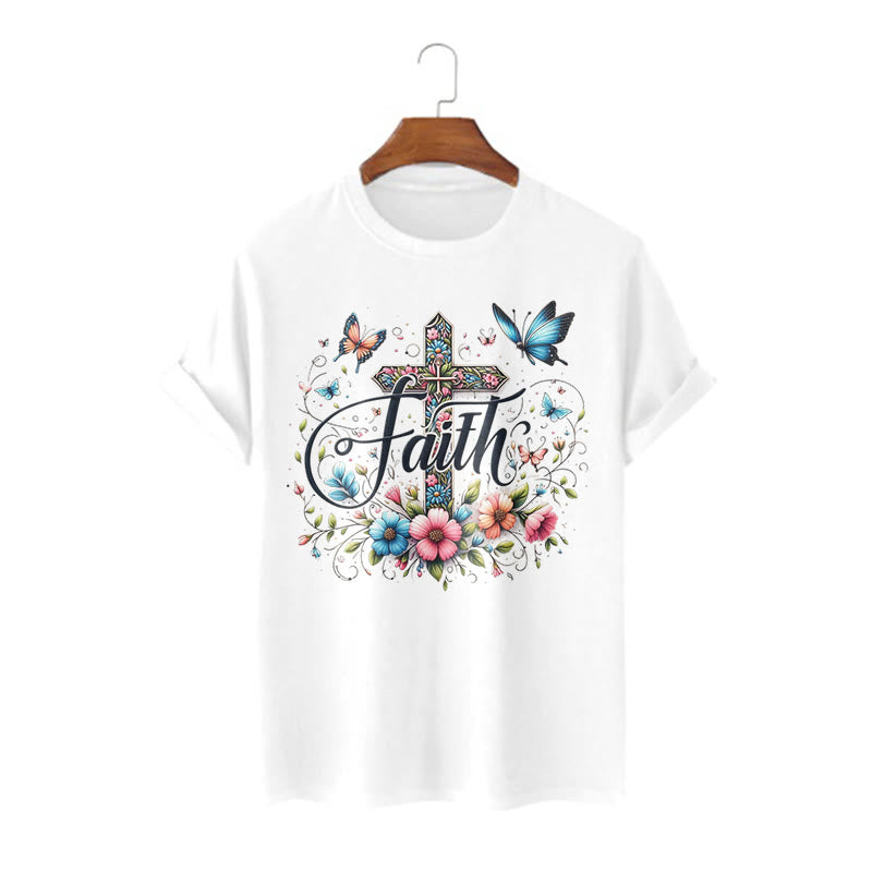 Christianartworkshop Bohemian Style Flowers and Cross Short Sleeve Washed T-shirt