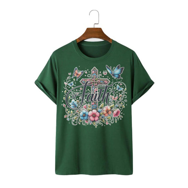 Christianartworkshop Bohemian Style Flowers and Cross Short Sleeve Washed T-shirt