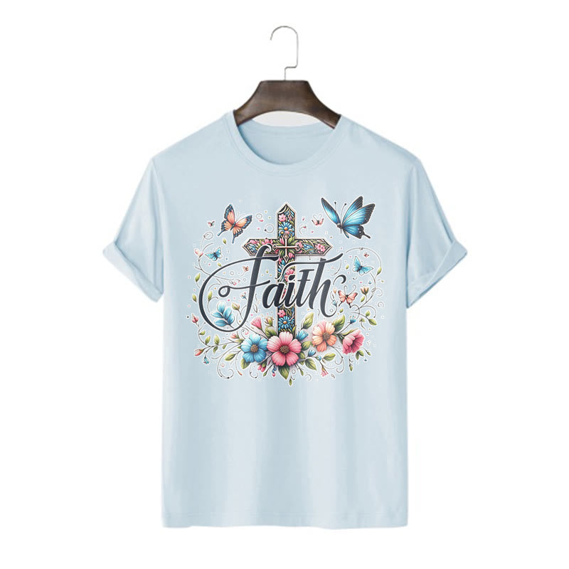 Christianartworkshop Bohemian Style Flowers and Cross Short Sleeve Washed T-shirt