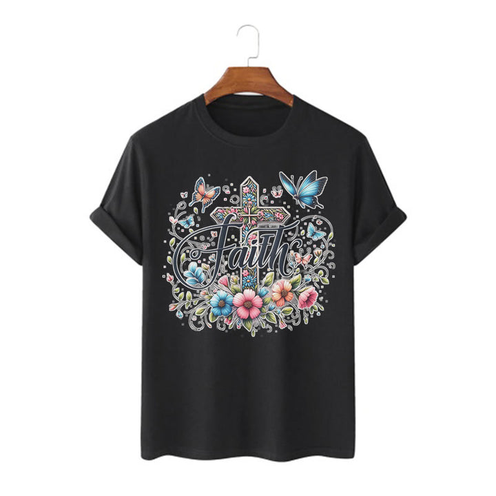 Christianartworkshop Bohemian Style Flowers and Cross Short Sleeve Washed T-shirt