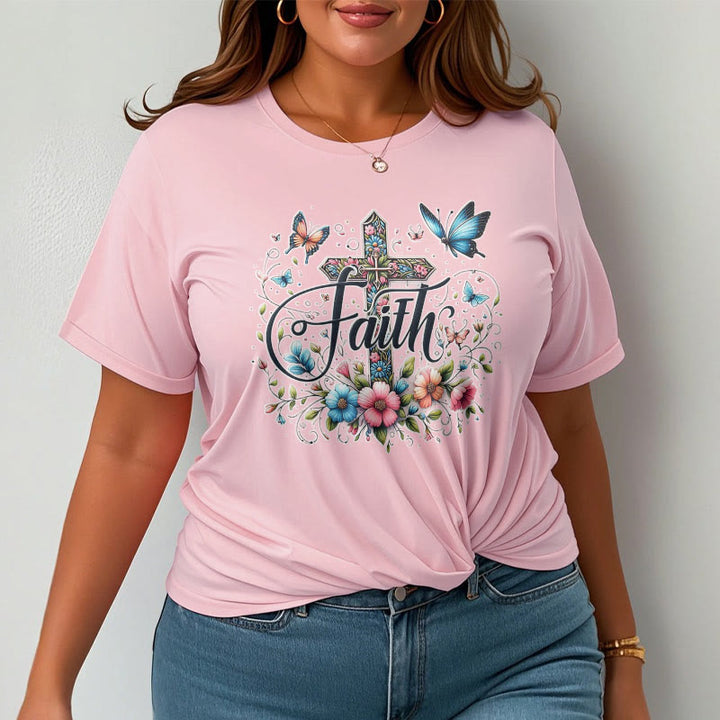 Christianartworkshop Bohemian Style Flowers and Cross Short Sleeve Washed T-shirt