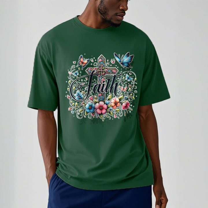 Christianartworkshop Bohemian Style Flowers and Cross Short Sleeve Washed T-shirt