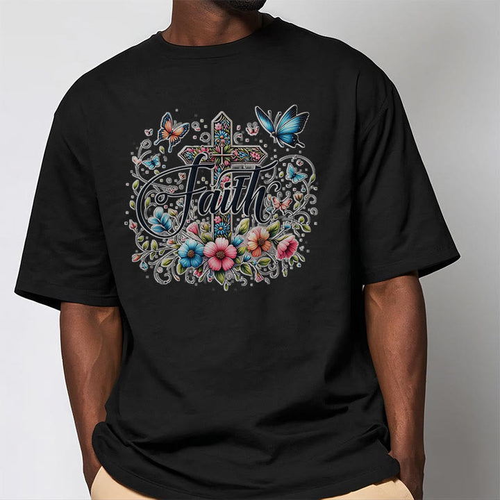 Christianartworkshop Bohemian Style Flowers and Cross Short Sleeve Washed T-shirt