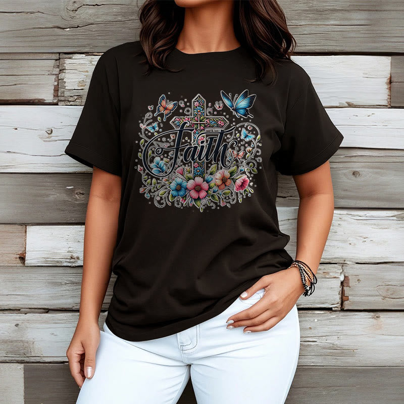 Christianartworkshop Bohemian Style Flowers and Cross Short Sleeve Washed T-shirt