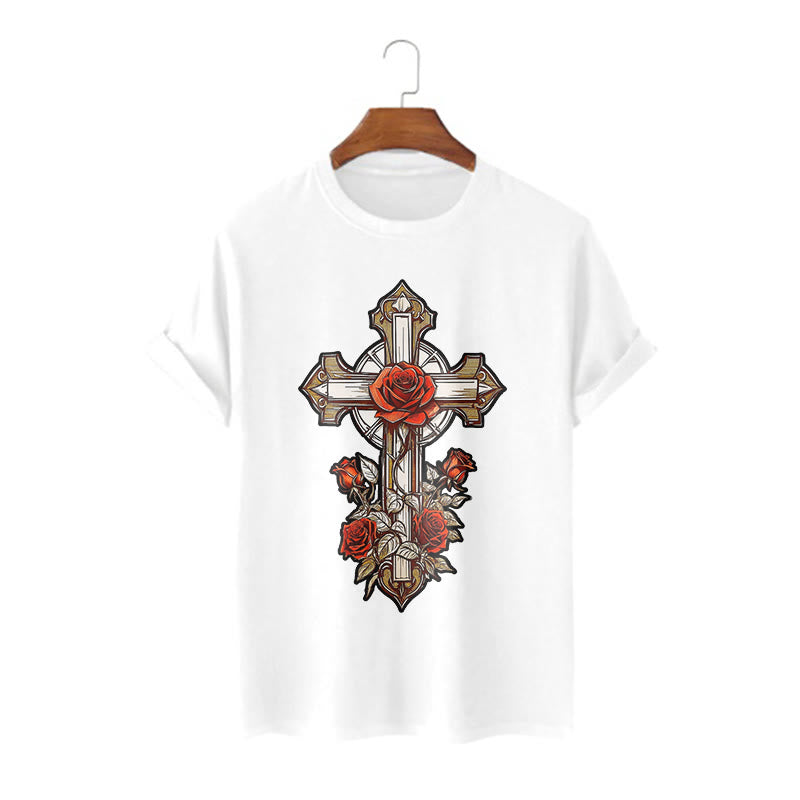 Christianartworkshop Romantic Style Redemptive Grace Cross with Roses Short Sleeve Washed T-shirt