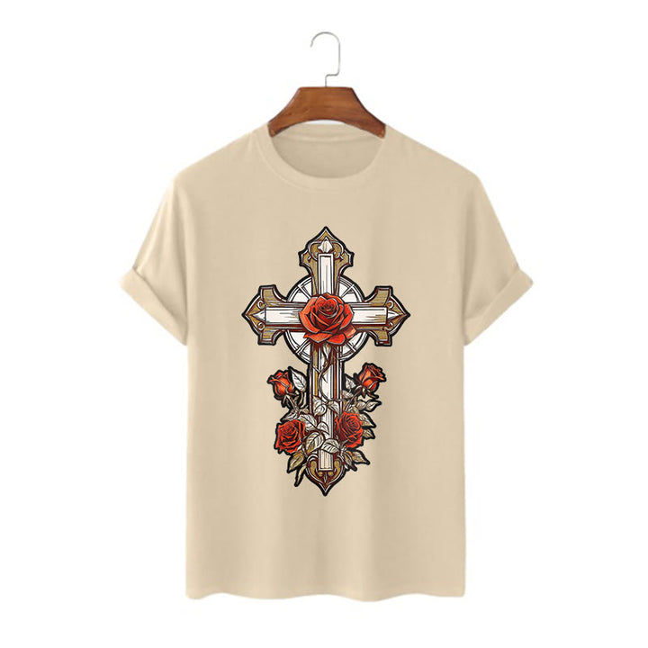 Christianartworkshop Romantic Style Redemptive Grace Cross with Roses Short Sleeve Washed T-shirt