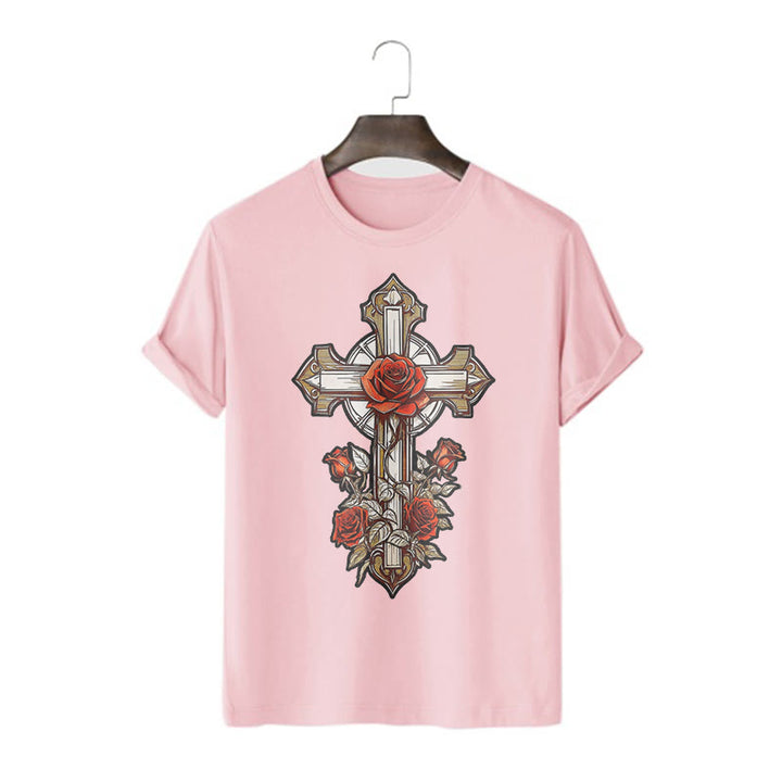 Christianartworkshop Romantic Style Redemptive Grace Cross with Roses Short Sleeve Washed T-shirt