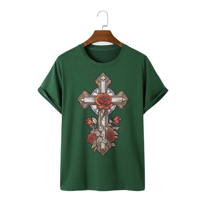 Christianartworkshop Romantic Style Redemptive Grace Cross with Roses Short Sleeve Washed T-shirt