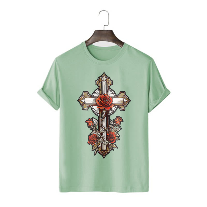 Christianartworkshop Romantic Style Redemptive Grace Cross with Roses Short Sleeve Washed T-shirt