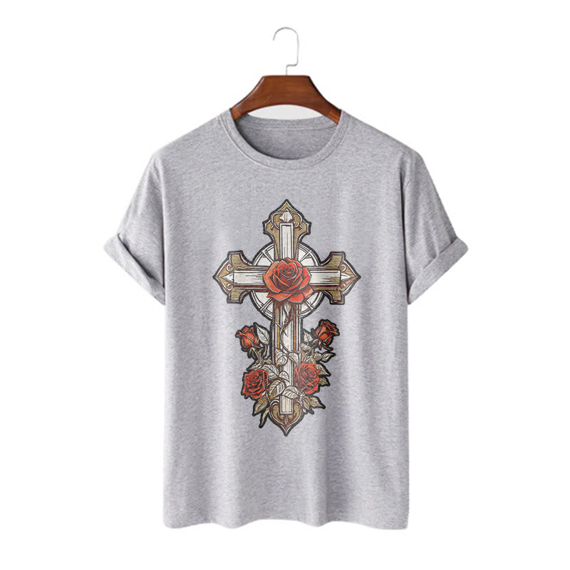 Christianartworkshop Romantic Style Redemptive Grace Cross with Roses Short Sleeve Washed T-shirt