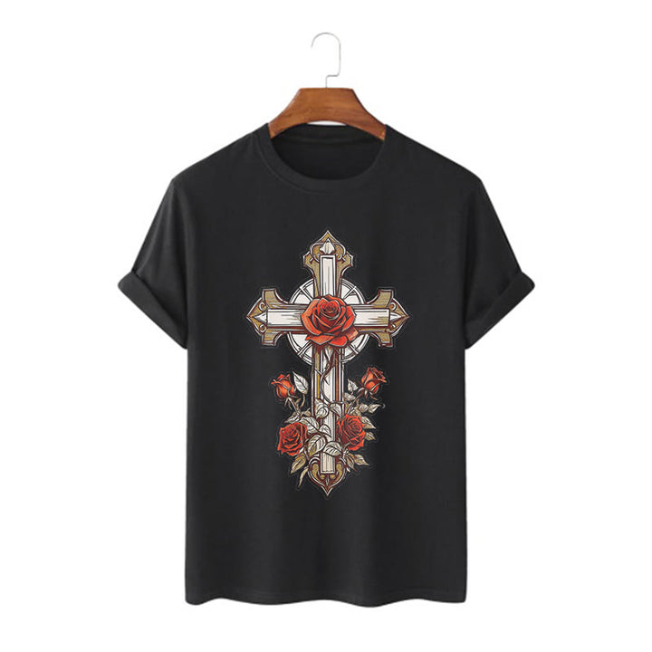 Christianartworkshop Romantic Style Redemptive Grace Cross with Roses Short Sleeve Washed T-shirt