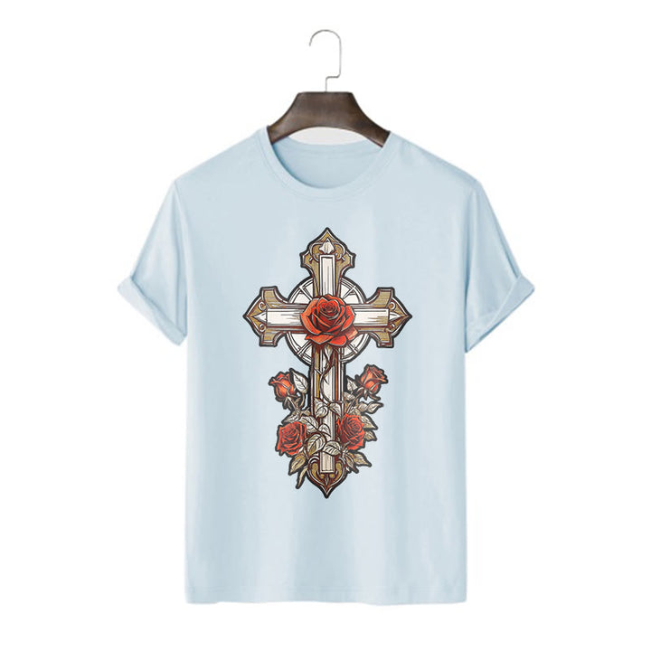 Christianartworkshop Romantic Style Redemptive Grace Cross with Roses Short Sleeve Washed T-shirt