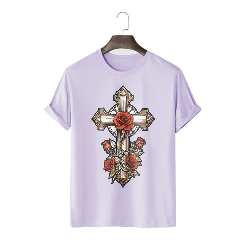 Christianartworkshop Romantic Style Redemptive Grace Cross with Roses Short Sleeve Washed T-shirt