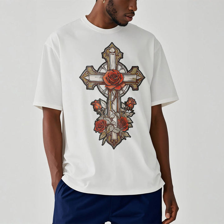 Christianartworkshop Romantic Style Redemptive Grace Cross with Roses Short Sleeve Washed T-shirt