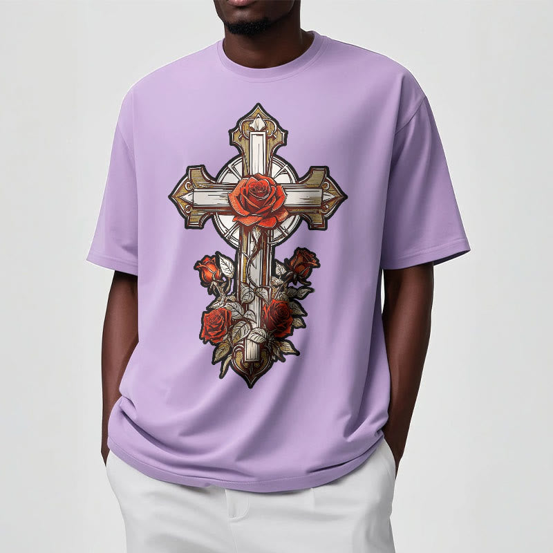 Christianartworkshop Romantic Style Redemptive Grace Cross with Roses Short Sleeve Washed T-shirt