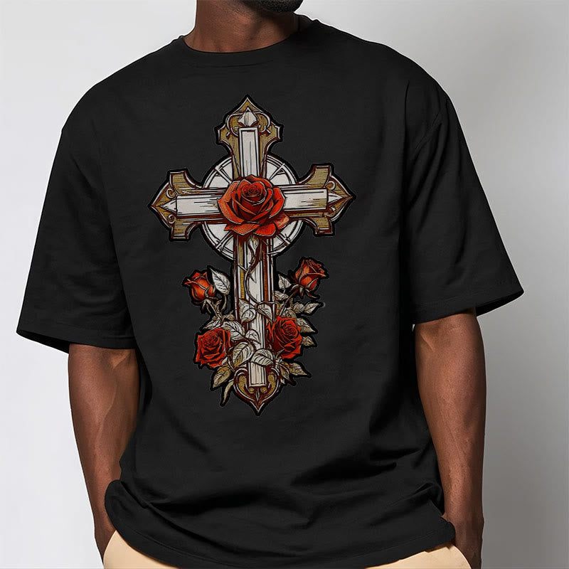 Christianartworkshop Romantic Style Redemptive Grace Cross with Roses Short Sleeve Washed T-shirt