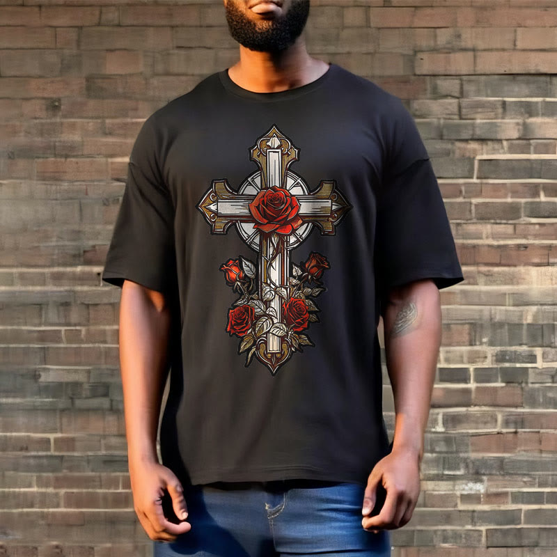 Christianartworkshop Romantic Style Redemptive Grace Cross with Roses Short Sleeve Washed T-shirt