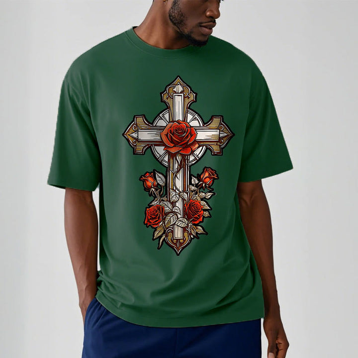 Christianartworkshop Romantic Style Redemptive Grace Cross with Roses Short Sleeve Washed T-shirt