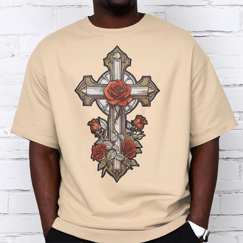 Christianartworkshop Romantic Style Redemptive Grace Cross with Roses Short Sleeve Washed T-shirt