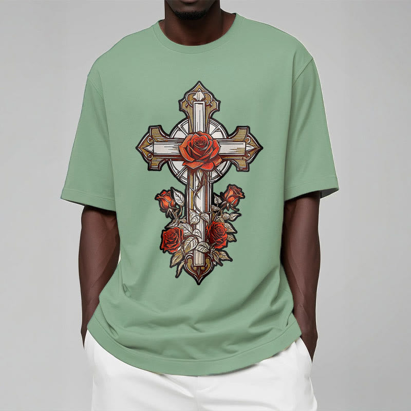 Christianartworkshop Romantic Style Redemptive Grace Cross with Roses Short Sleeve Washed T-shirt