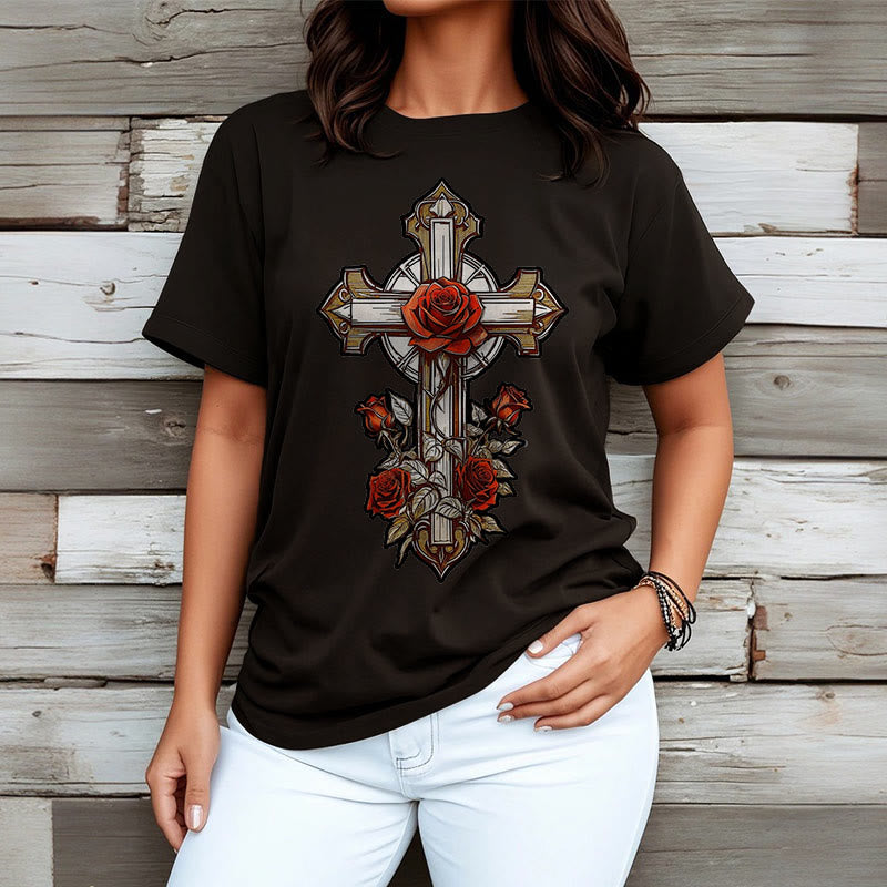 Christianartworkshop Romantic Style Redemptive Grace Cross with Roses Short Sleeve Washed T-shirt