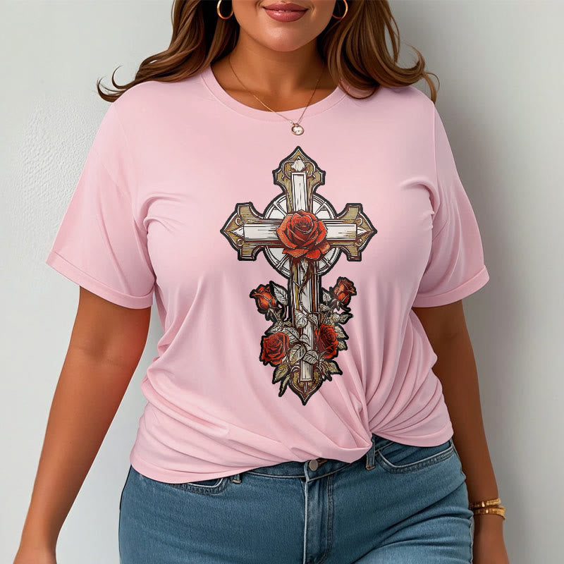 Christianartworkshop Romantic Style Redemptive Grace Cross with Roses Short Sleeve Washed T-shirt