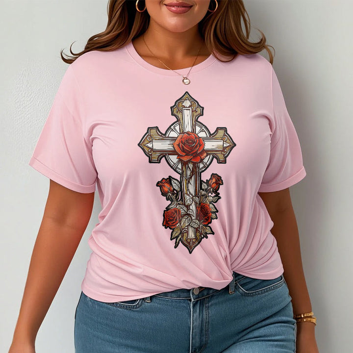 Christianartworkshop Romantic Style Redemptive Grace Cross with Roses Short Sleeve Washed T-shirt