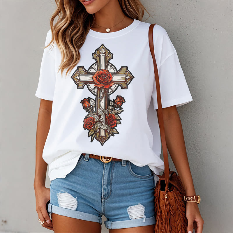 Christianartworkshop Romantic Style Redemptive Grace Cross with Roses Short Sleeve Washed T-shirt