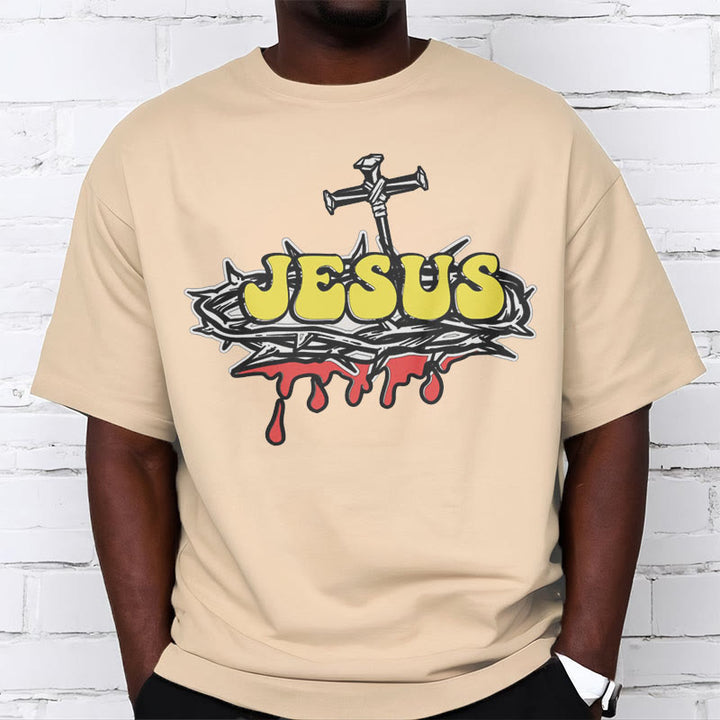 Christianartworkshop Streetwear Style Jesus Crown Of Thorns Short Sleeve Washed T-shirt