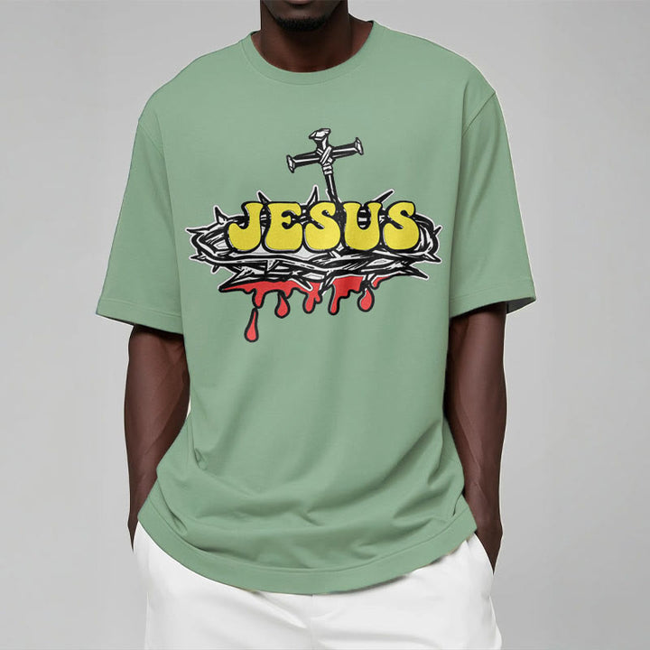 Christianartworkshop Streetwear Style Jesus Crown Of Thorns Short Sleeve Washed T-shirt