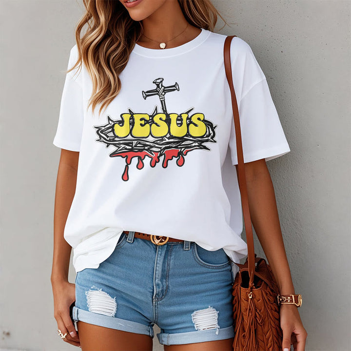 Christianartworkshop Streetwear Style Jesus Crown Of Thorns Short Sleeve Washed T-shirt