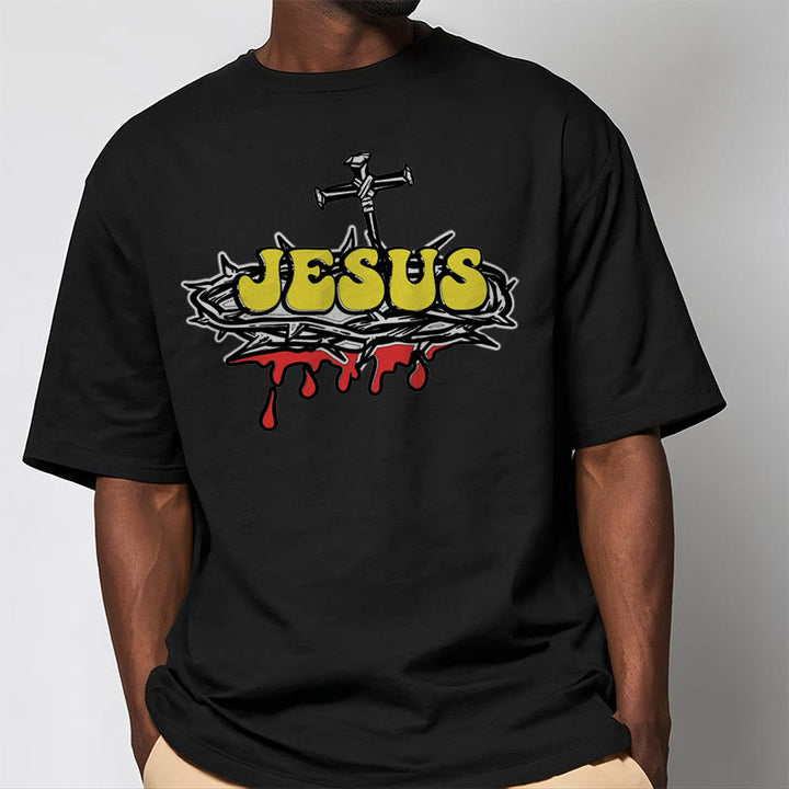 Christianartworkshop Streetwear Style Jesus Crown Of Thorns Short Sleeve Washed T-shirt